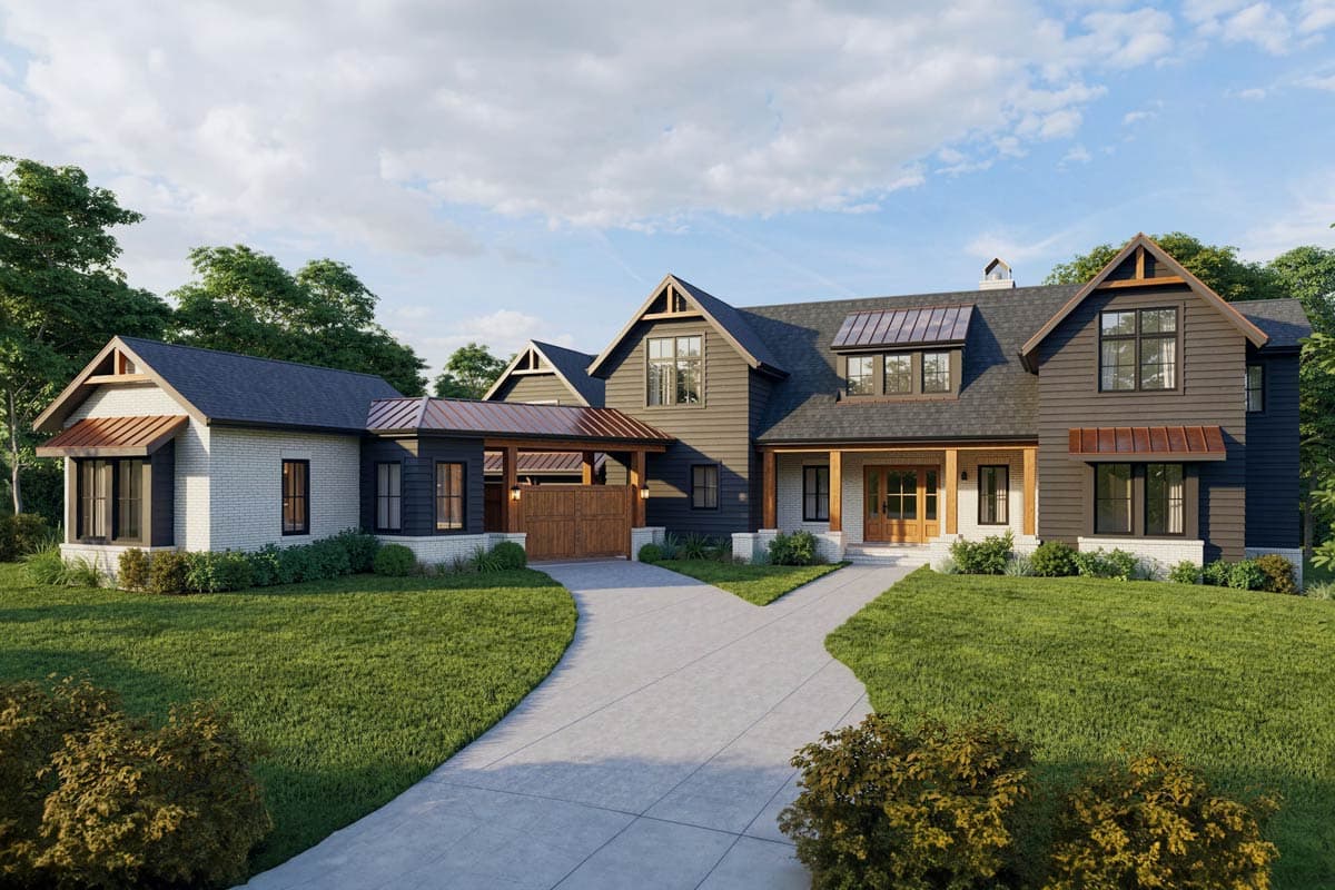 Plan 93167EL: Transitional Craftsman Plan with Gated Motor Court and Main-Level Owner's Suite - Image #1 - Cottage, Country, Craftsman, Modern Farmhouse, New American, Northwest, Transitional