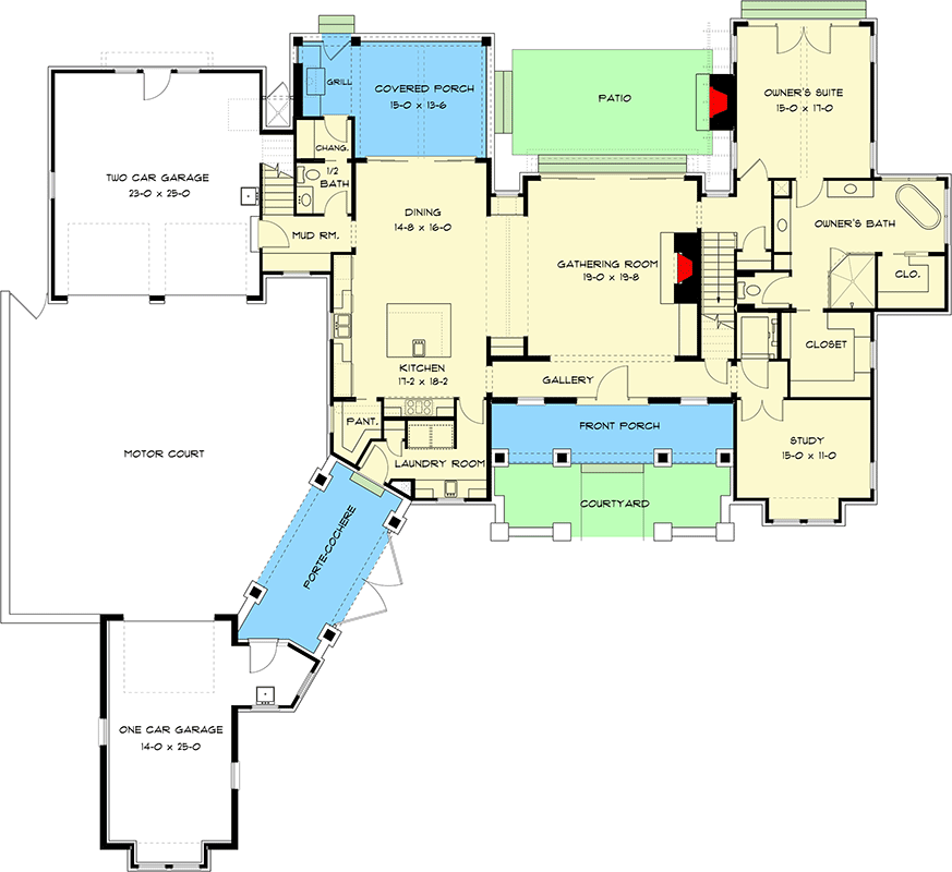 Plan 93167EL: Transitional Craftsman Plan with Gated Motor Court and Main-Level Owner's Suite - Floor Plan - Main Level - Cottage, Country, Craftsman, Modern Farmhouse, New American, Northwest, Transitional