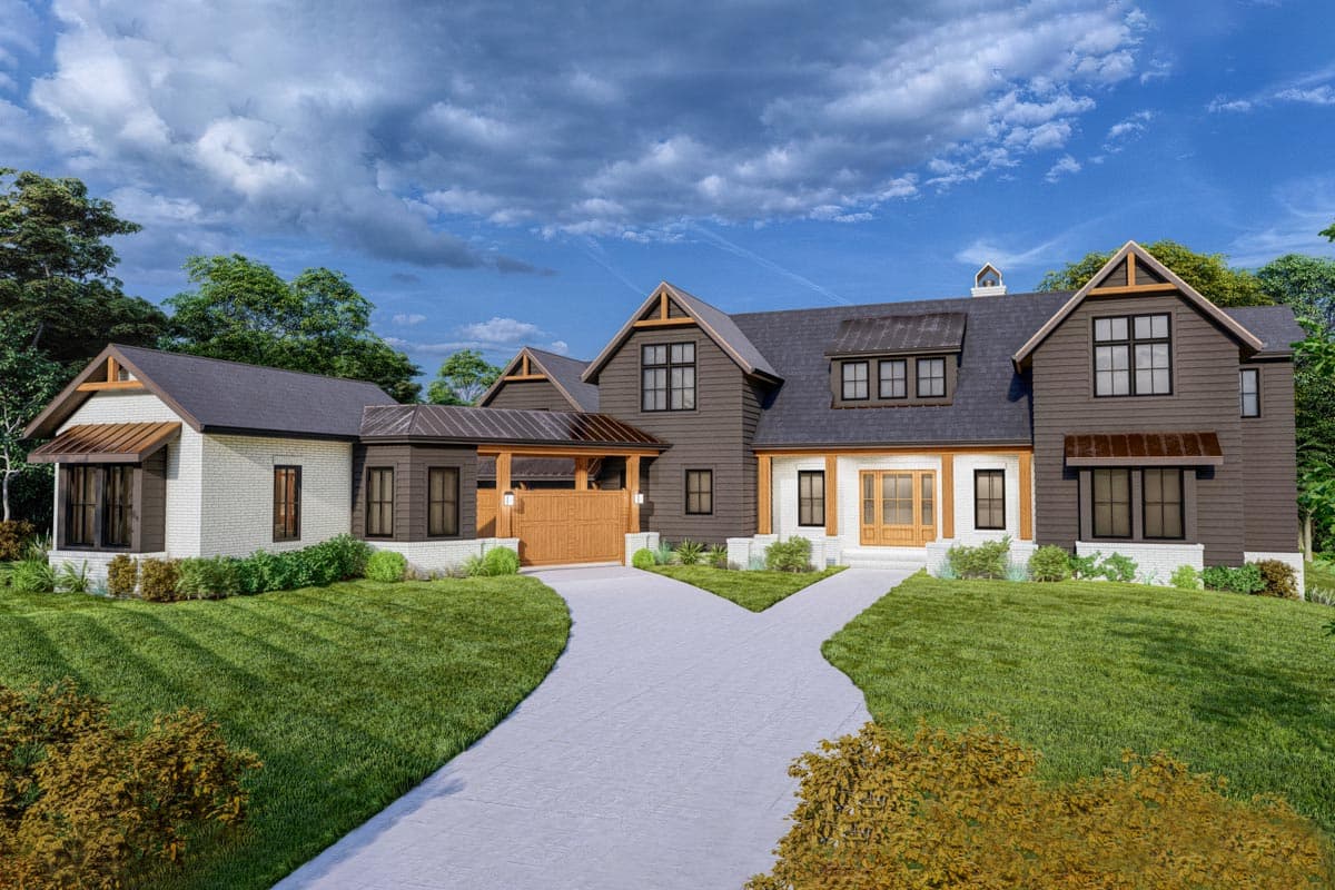 House plan exterior. Two-story Modern Farmhouse with gabled roof, dormers, and attached garage. Includes covered walkway and wooden garage doors.