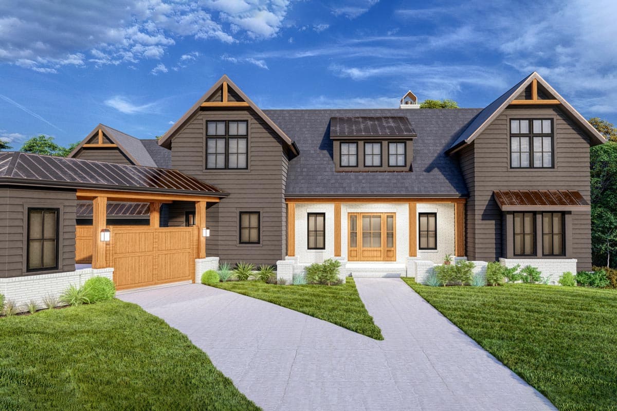 Modern Farmhouse house plan exterior with gables, dormers, a covered entry, and a detached garage with a wooden gate.