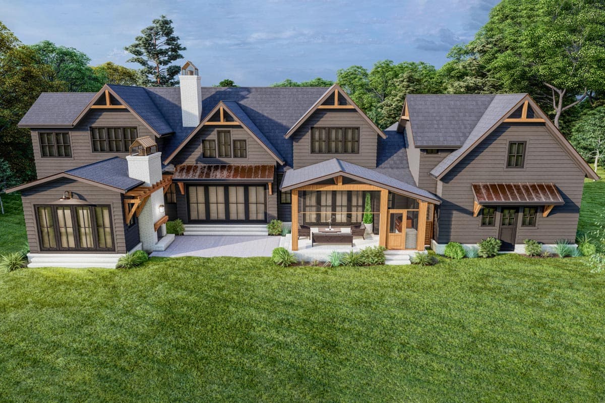 Modern Farmhouse house plan exterior with multiple gables, white brick chimney, and covered porch.