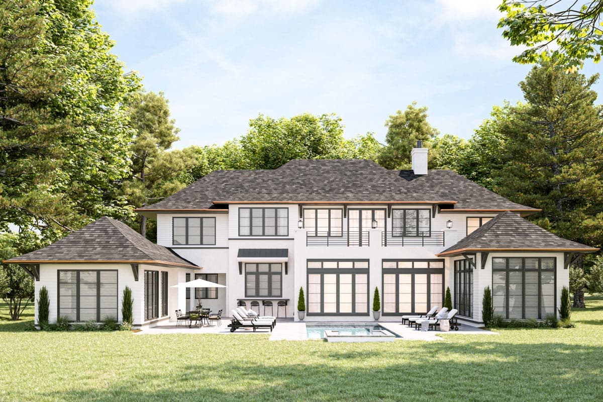 House plan exterior of a modern two-story residence with gabled roofs, large windows, balconies, and a pool.