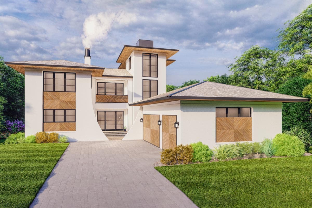 House plan exterior: Modern style, multiple stories, flat roofs, wood panel accents, and a prominent chimney.