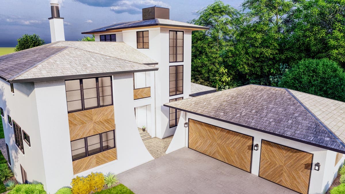 Modern house plan exterior with stacked volumes, large windows, wood-paneled garage doors, and a prominent chimney.