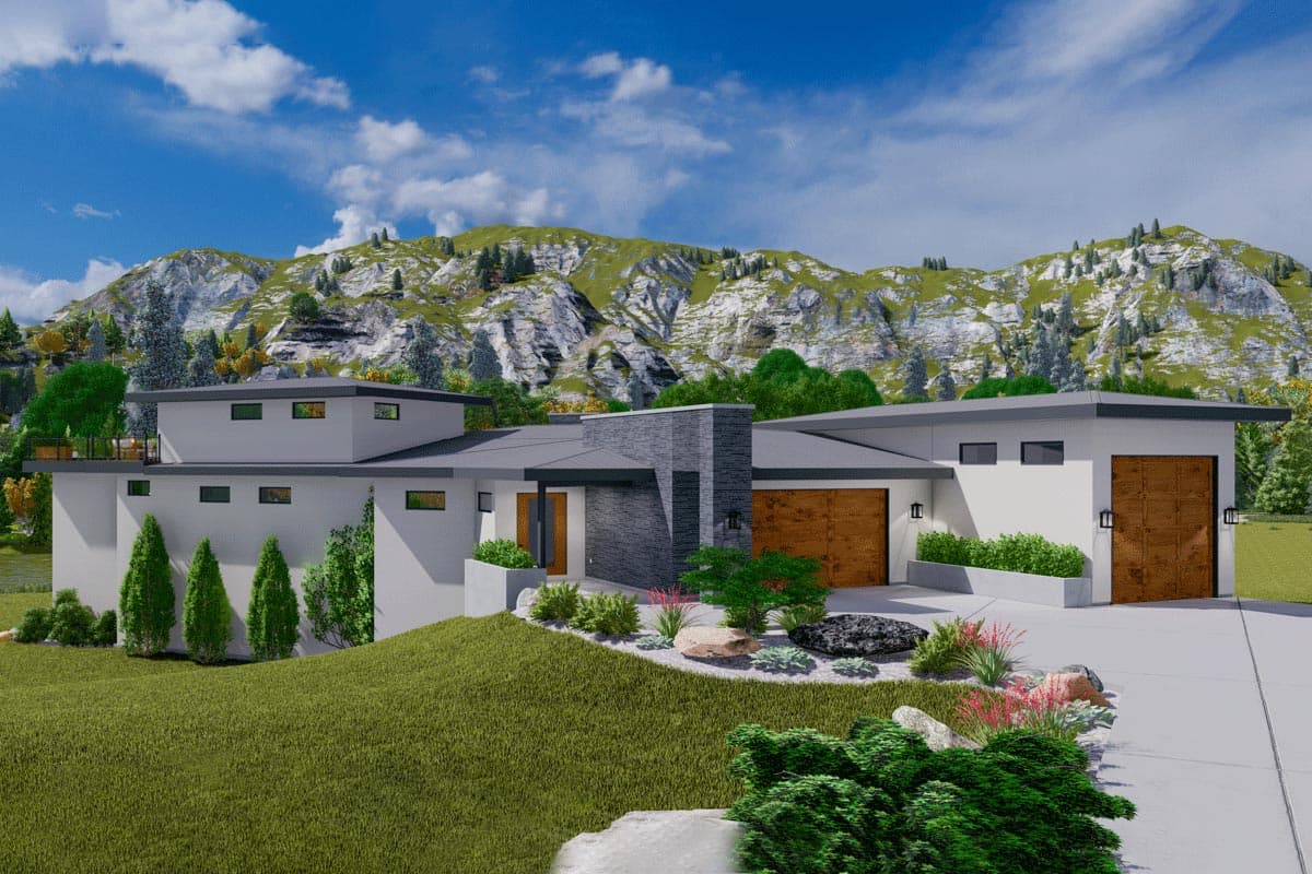 House plan exterior. Modern style, single-story home with flat rooflines, a two-car garage, and a covered entry. Set against a mountainous backdrop.