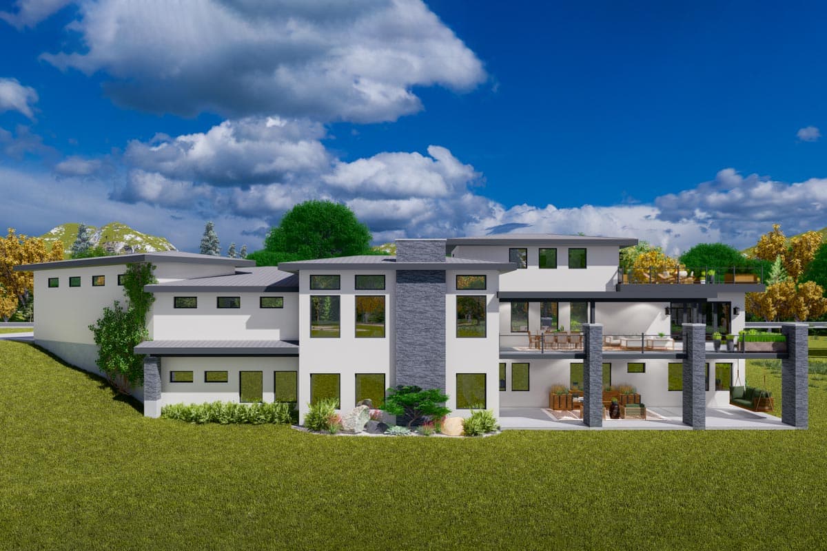 Modern house plan exterior with multiple levels, flat rooflines, large windows, and multi-level balconies.
