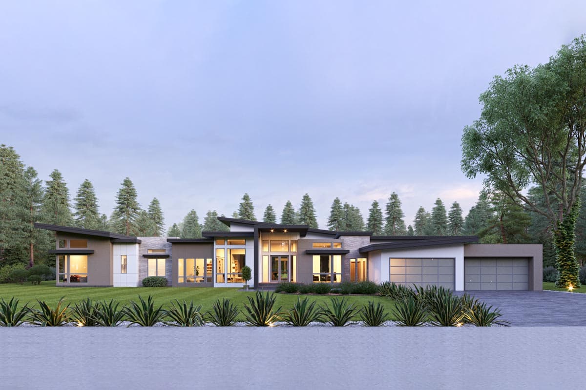Modern ranch house plan exterior with asymmetrical rooflines, large windows, stone accents, and a three-car garage.
