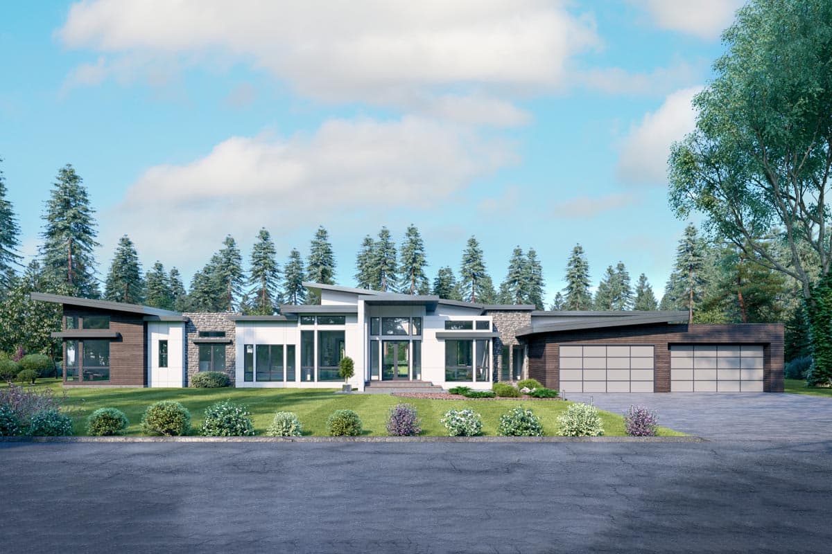 Modern house plan exterior with asymmetrical rooflines, clerestory windows, and an attached, two-car garage. Features stone and wood siding details.