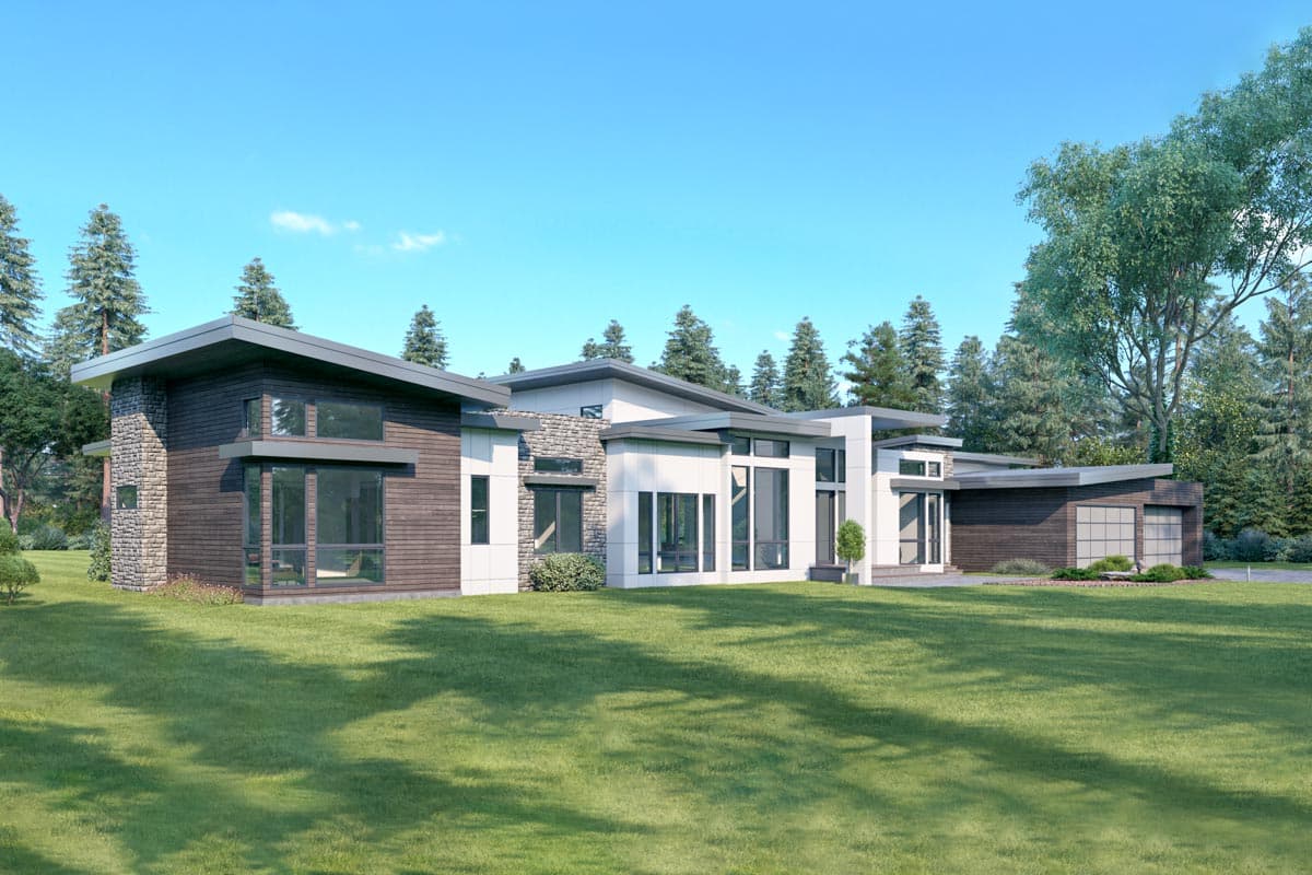 Modern house plan exterior with stone and wood facade, multiple gables, and large windows.