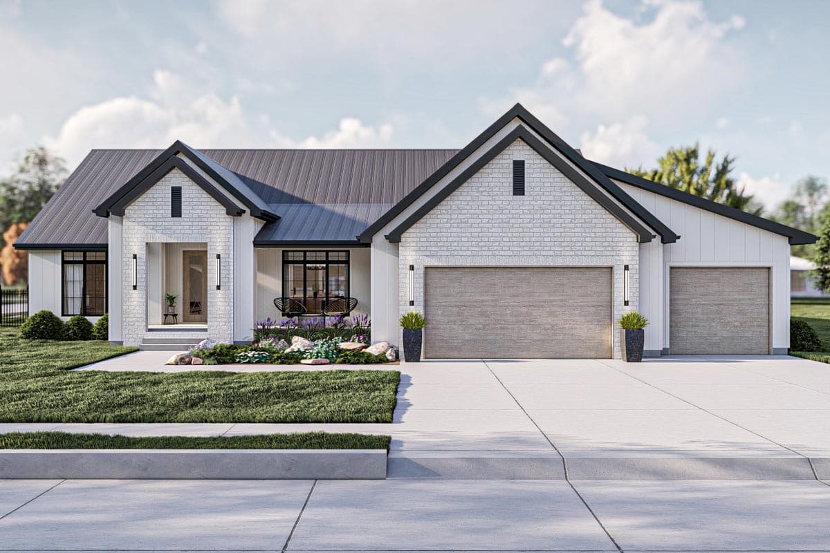 House plan exterior with Modern Farmhouse style. Features include a gabled roofline, brick facade, and attached garage. One story home with a porch.