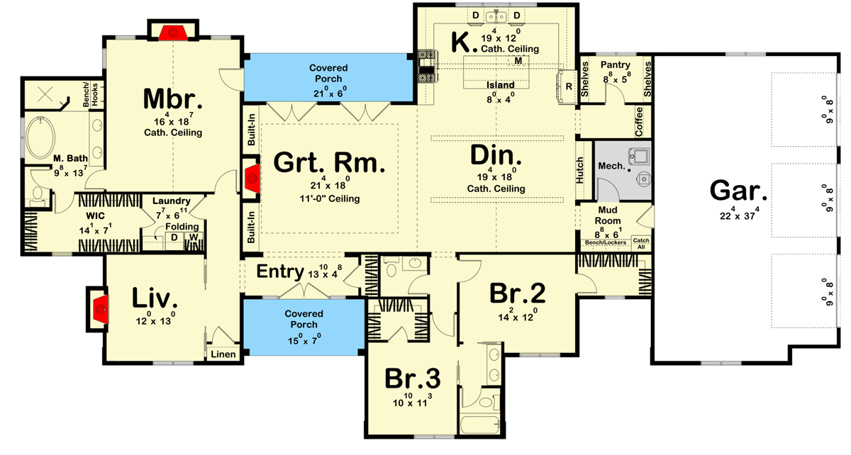 Plan 623216DJ: 3-Bed Transitional European House Plan with Vaulted Dining Area - 2703 Sq Ft - Floor Plan - Main Level - European, Transitional