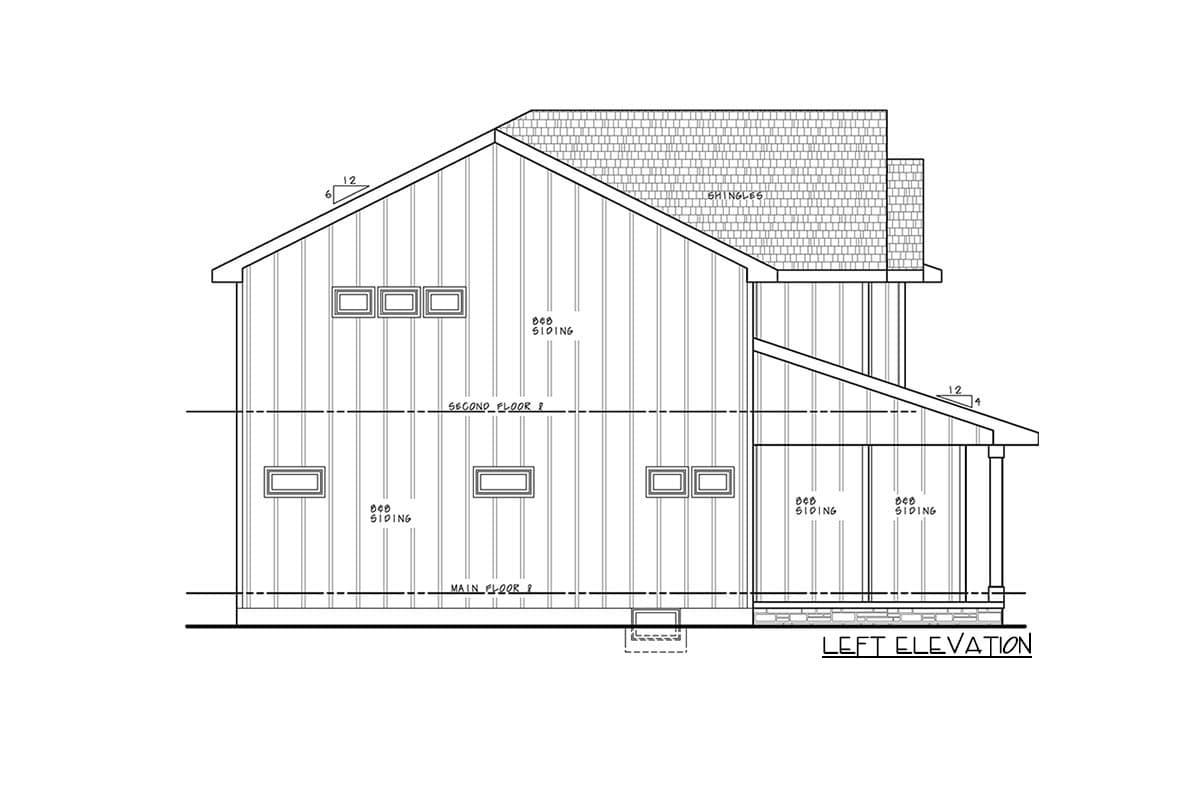 Left elevation drawing of a two-story house plan with vertical siding, multiple windows, and a sloped roof.