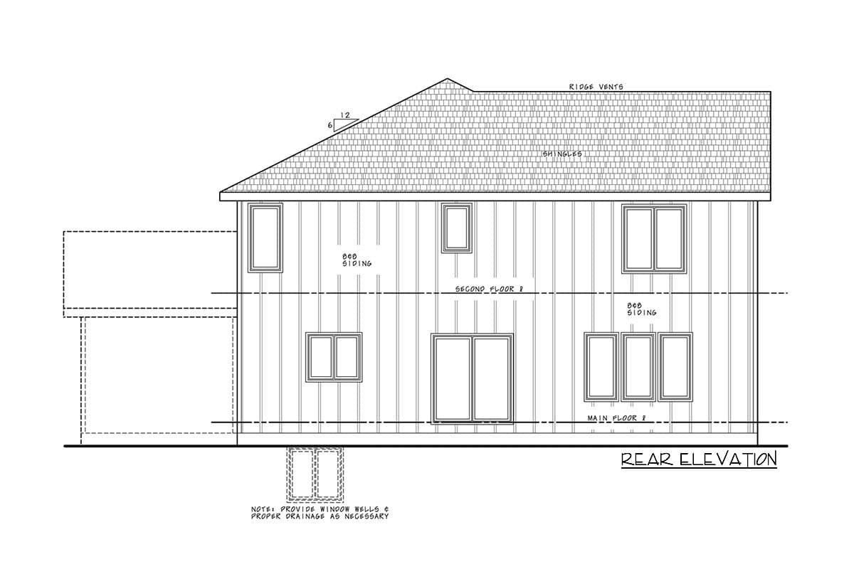 Rear elevation drawing of a house plan with vertical siding, multiple windows on two floors, and a shingled roof.