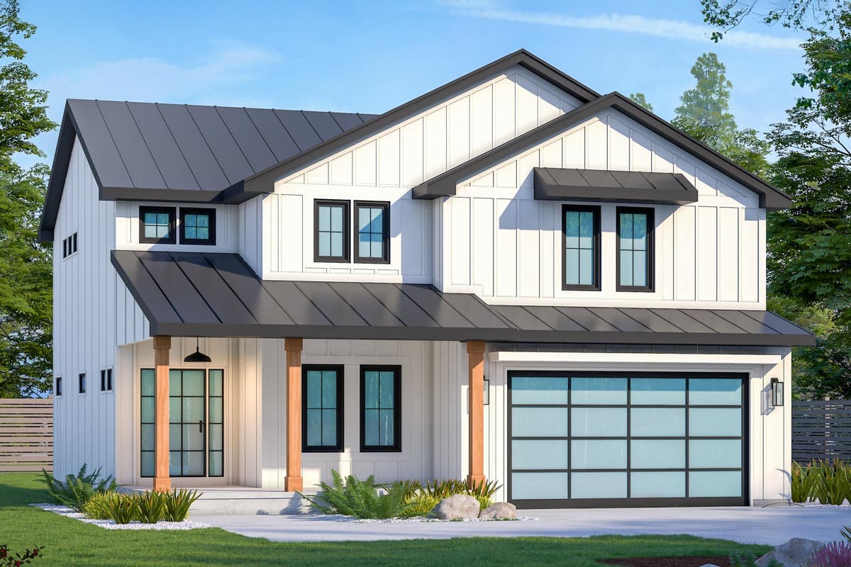 House plan exterior. Two-story Modern Farmhouse with a covered porch supported by wood columns, gabled rooflines, and a glass-paneled garage door.