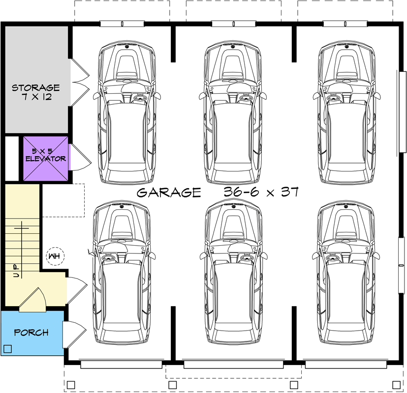 Plan 360112DK: 2-Bed Carriage House Plan Under 1500 Sq Ft with Tandem Garage for 6 Cars - Floor Plan - Main Level - Carriage, Craftsman, Traditional