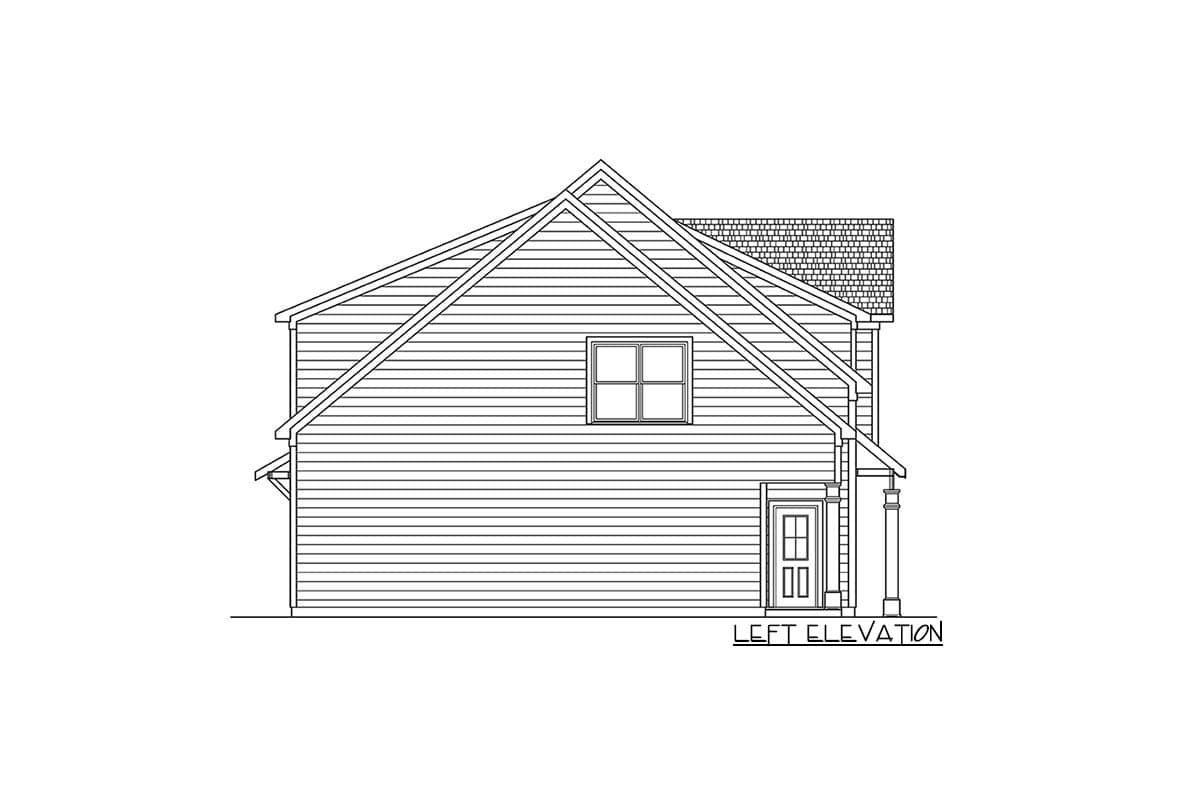 Left elevation drawing of a two-story house with horizontal siding, prominent gables, and a covered entryway with columns.