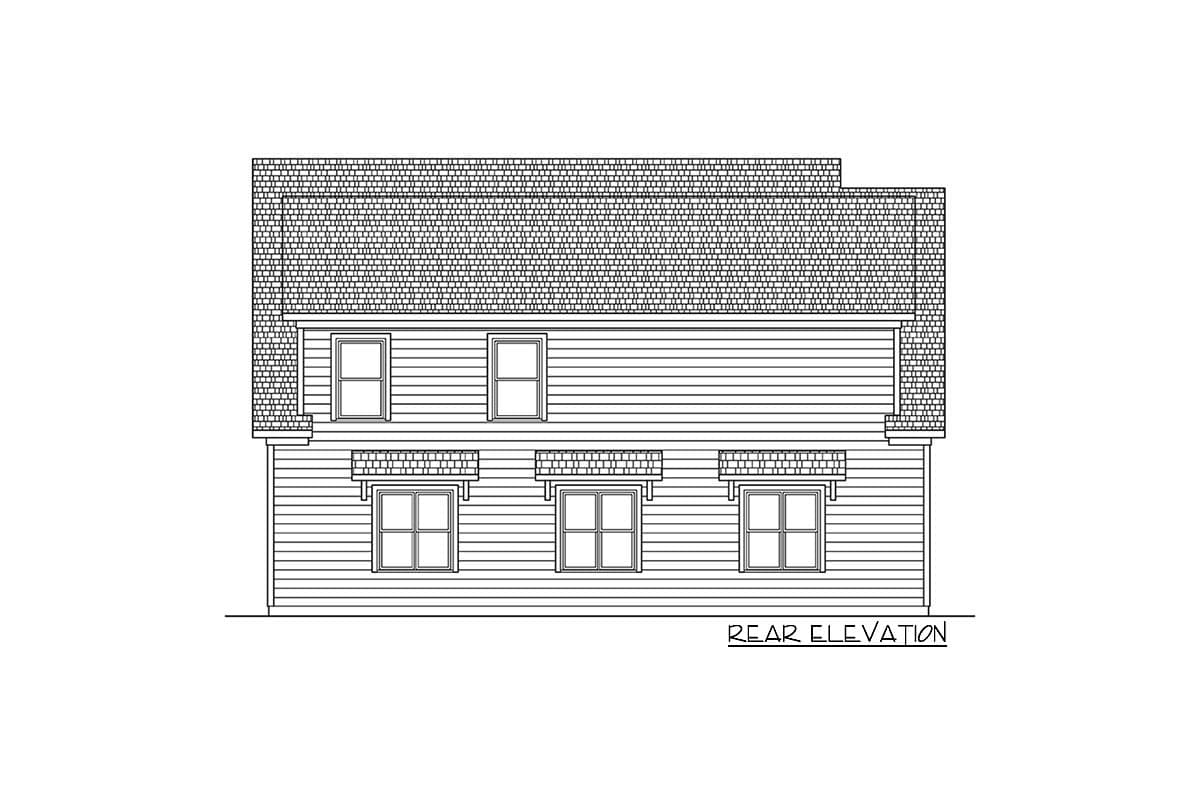 Rear elevation drawing of a two-story house plan with horizontal siding and multiple windows on each level.