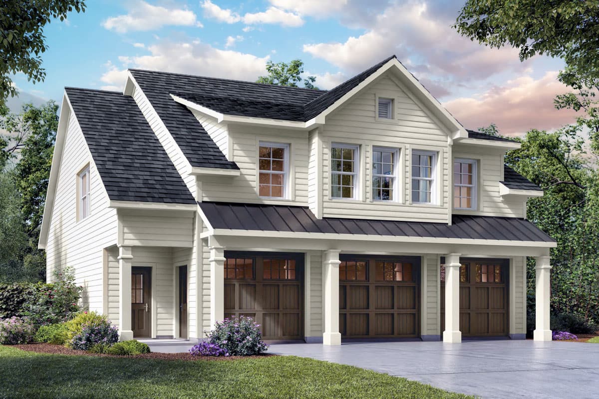 House plan exterior featuring a two-story farmhouse style, with a front-facing garage, gabled roof, and covered porch with columns.