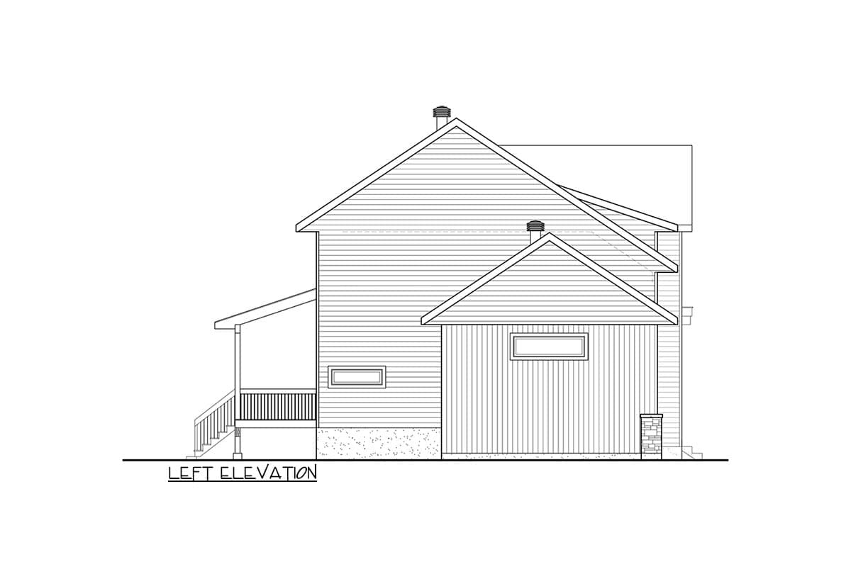 Left elevation drawing of a two-story house plan with siding, gables, dormers, and a covered porch with railings.