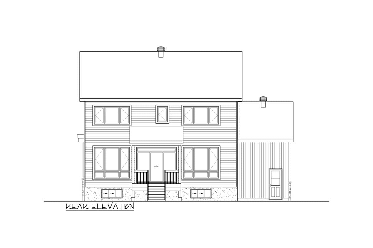 Rear elevation drawing of a two-story house with a covered porch, multiple windows, and an attached garage.