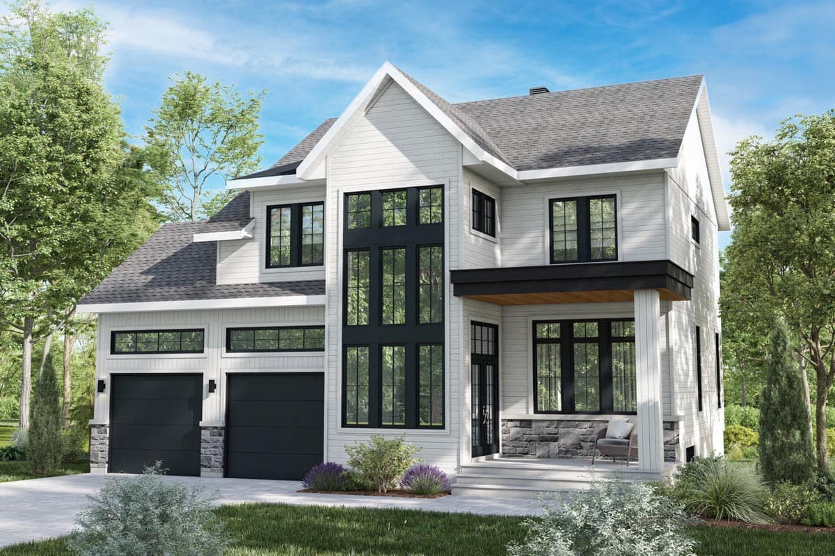House plan exterior with Modern style, two stories, front-facing gables, prominent windows, and covered porch with columns and stone accents.
