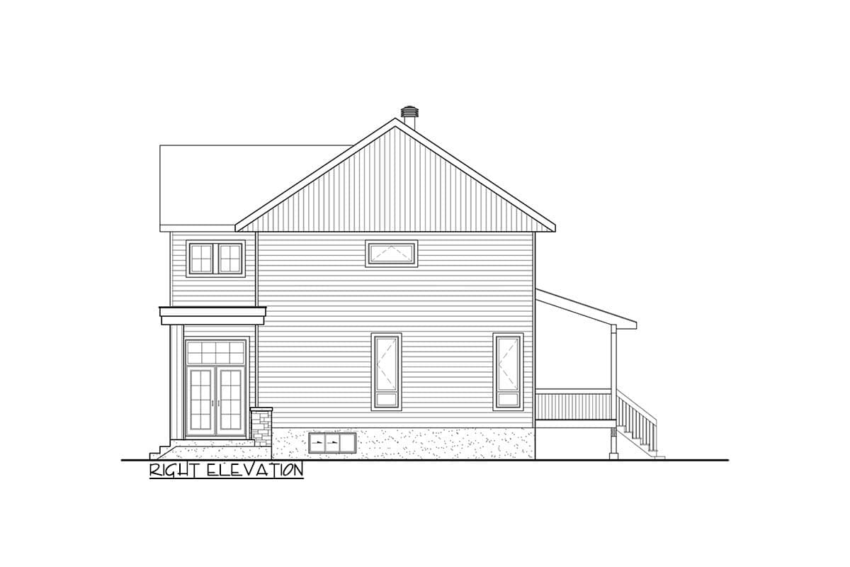 Right elevation drawing of a two-story house plan with double doors, gabled roof, and a covered porch.
