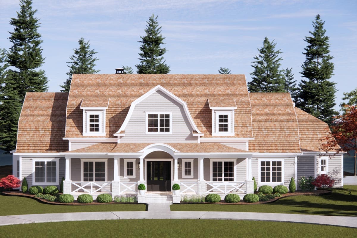 House plan exterior featuring a two-story design with a gambrel roof, dormers, and a covered porch with decorative railings.