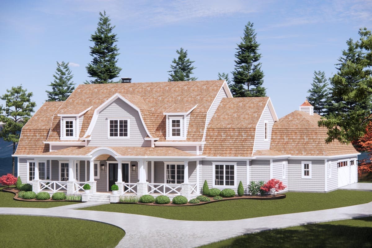 House plan exterior with Dutch gambrel rooflines, dormers, a wraparound porch with decorative X-bracing, and an attached three-car garage.
