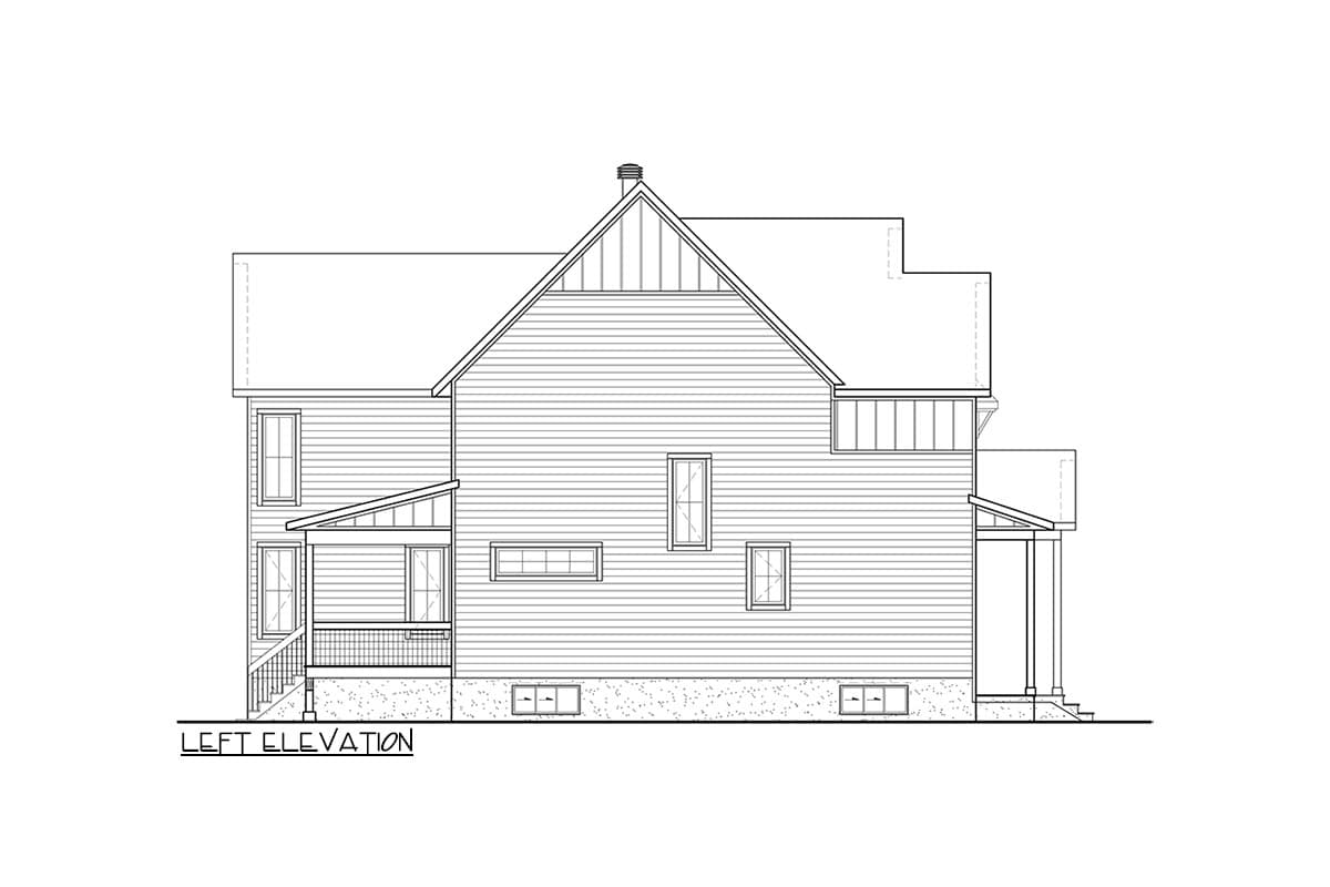 Left elevation drawing of a two-story house plan with siding, gabled roof, porch, and various windows.