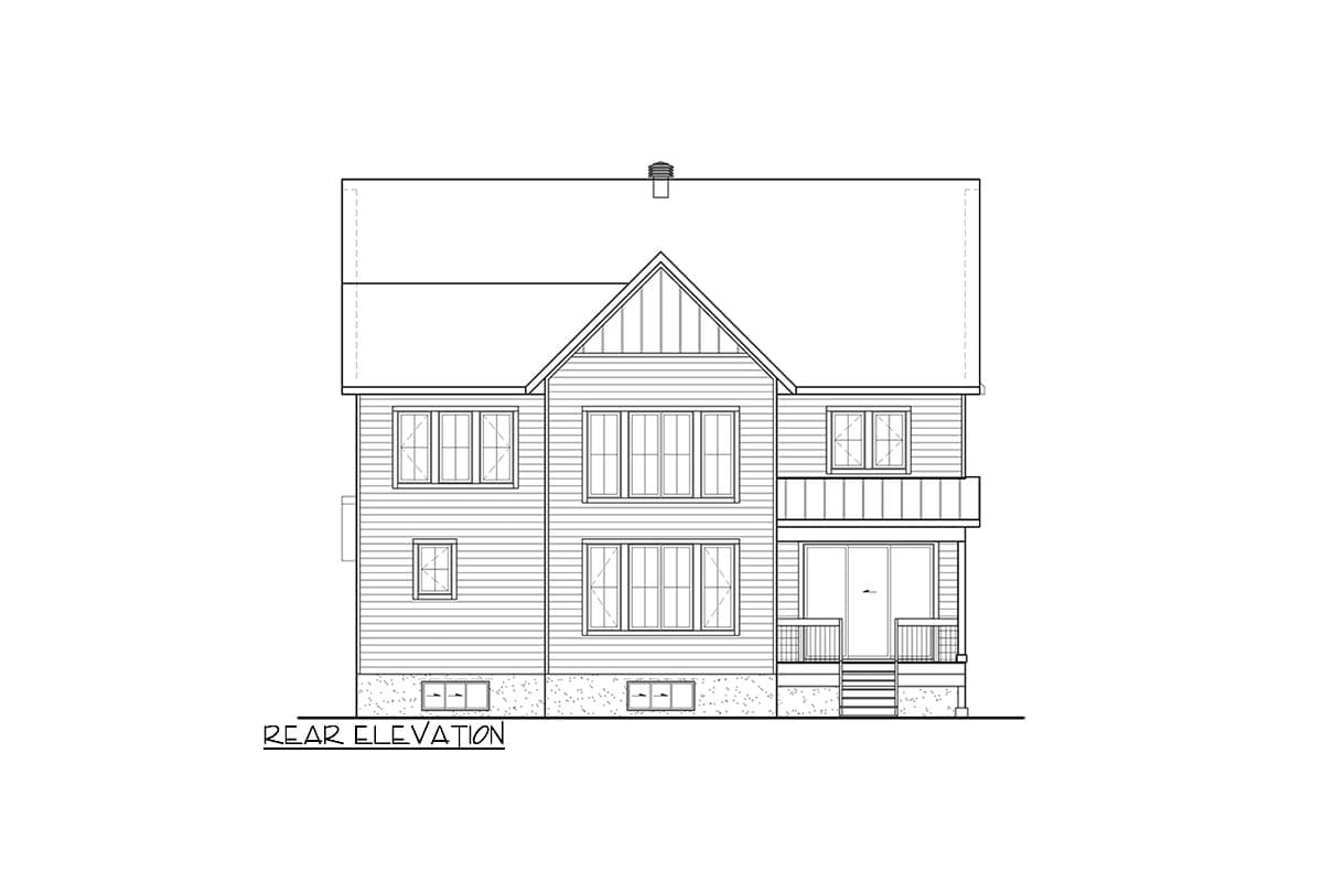 Rear elevation drawing of a two-story house with a gabled roof, multiple windows, and a covered balcony with a door.