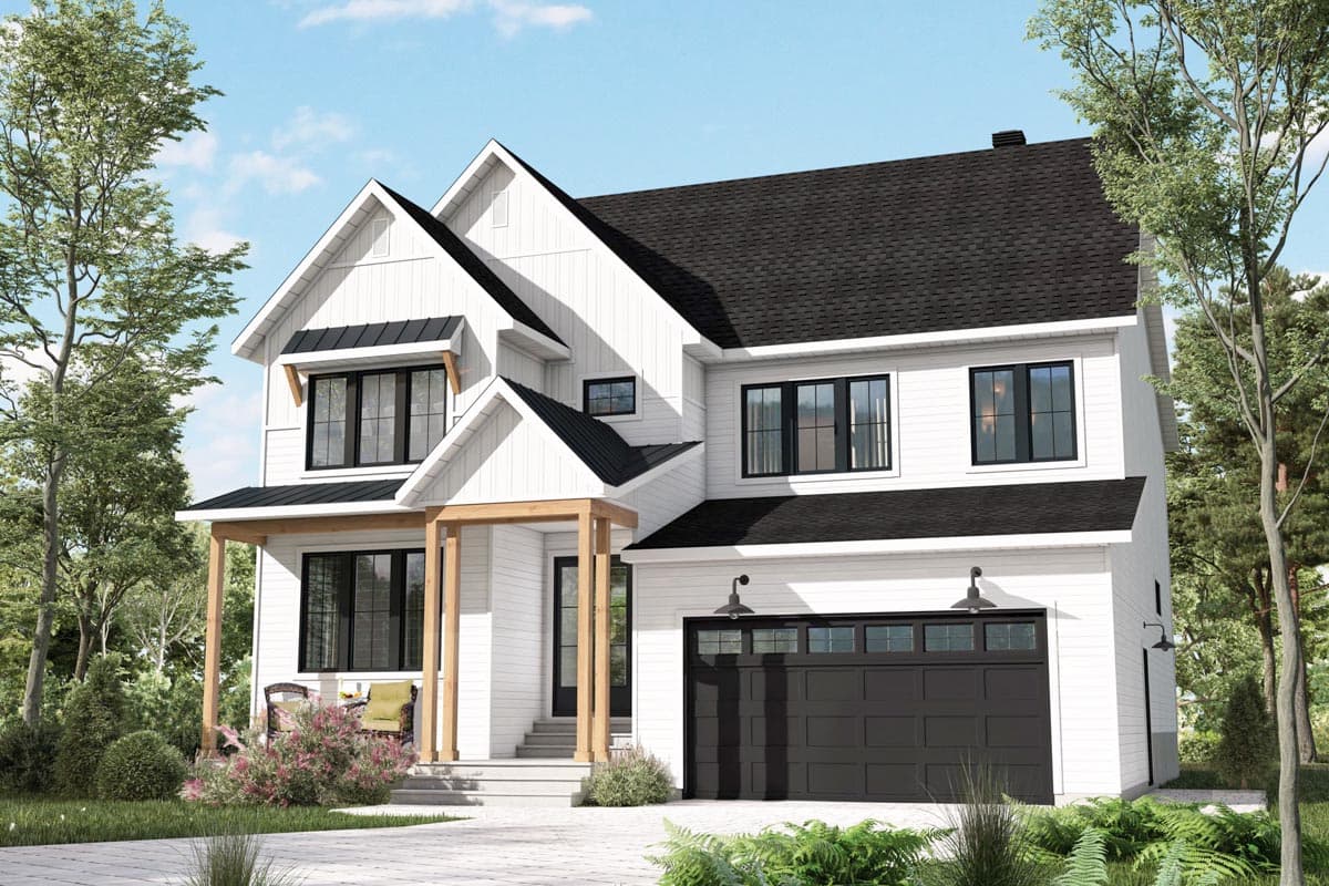 House plan exterior. Two-story Modern Farmhouse with gables, a covered porch, and a two-car garage. Features include black windows and a black roof.