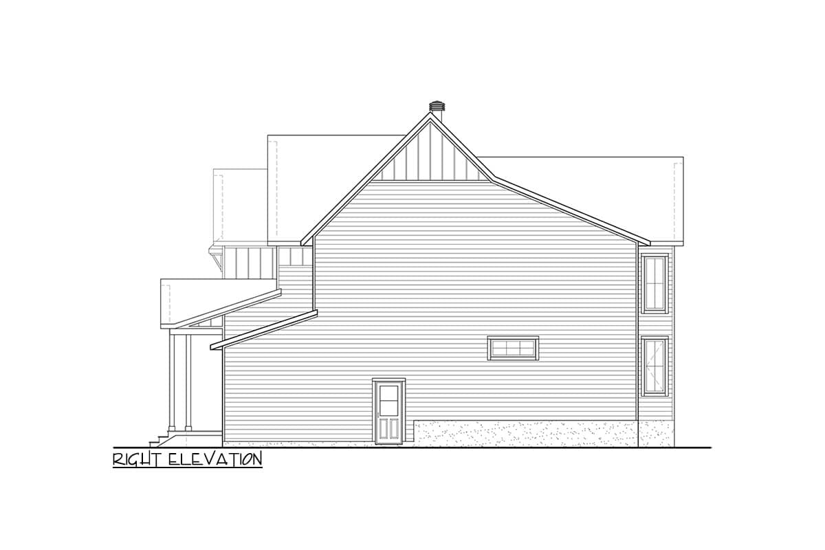 Right elevation house plan drawing showing siding, gable, dormers, porch, and windows.