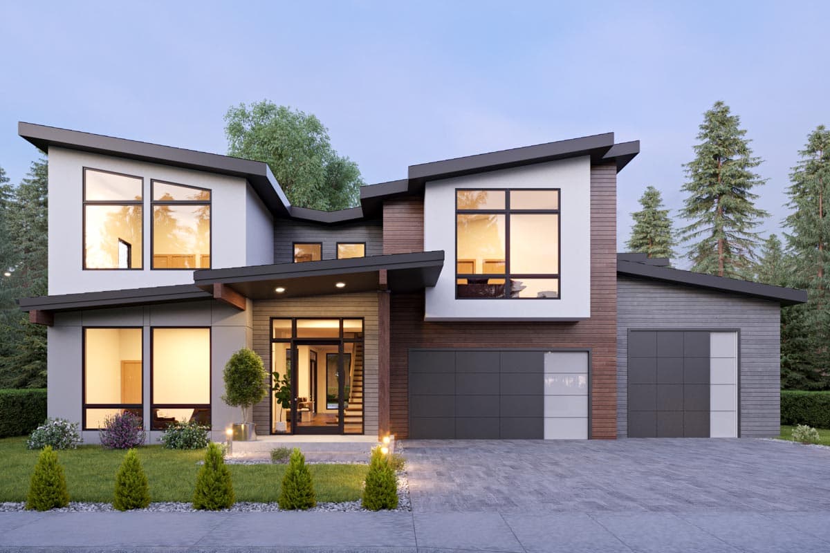 House plan exterior with modern design. Two-story home with flat and angled rooflines. Features include large windows and attached garage.