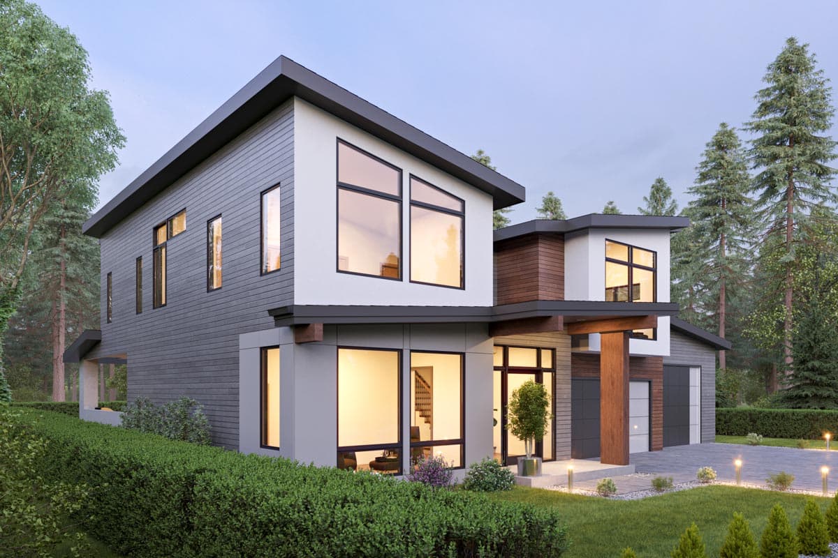 Modern house plan exterior with wood and gray siding, a flat roofline, and large geometric windows.