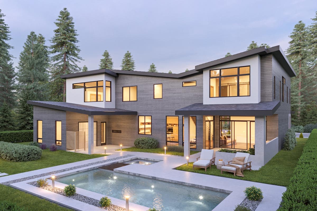 Modern two-story house plan exterior with a flat roof, horizontal siding, numerous windows, and a geometric pool.