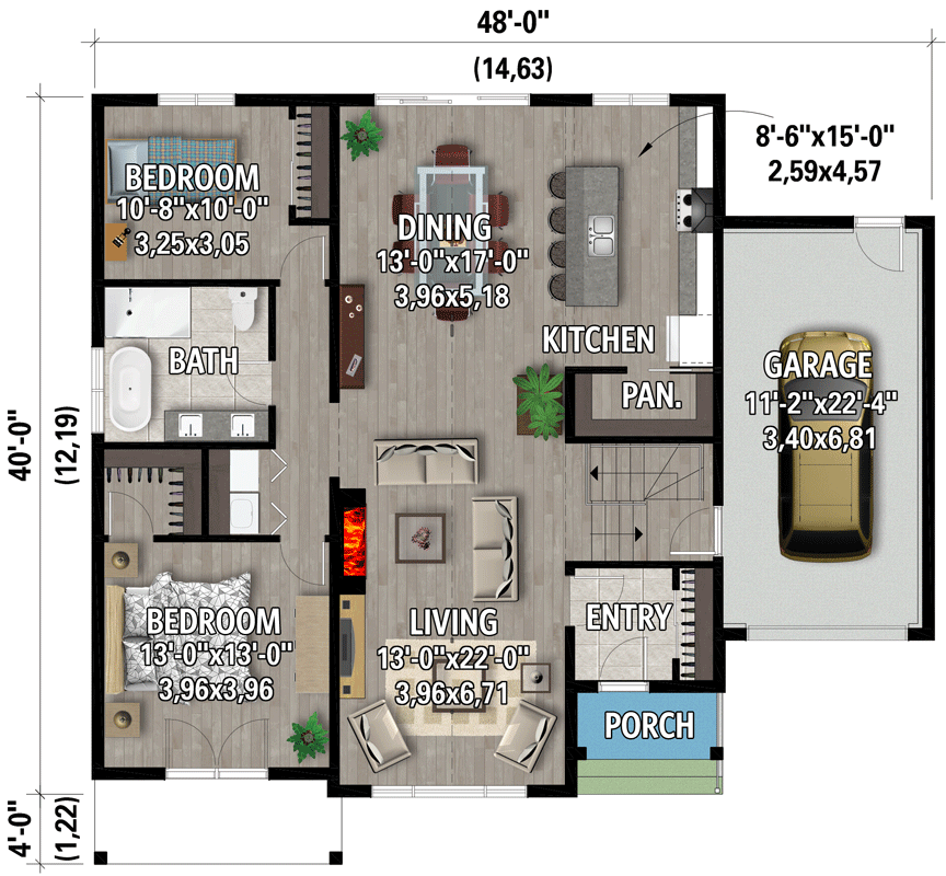 Plan 80989PM: Single-Story Modern Farmhouse Under 1400 Square Feet with 1-Car Garage - Floor Plan - Main Level - Country, Craftsman, Farmhouse, Modern Farmhouse, New American, Ranch