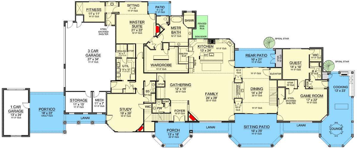 Plan 36687TX: Sprawling 4-Bed Home Plan with Wraparound Porch and Game Room - Floor Plan - Main Level - European, Hill Country, Transitional