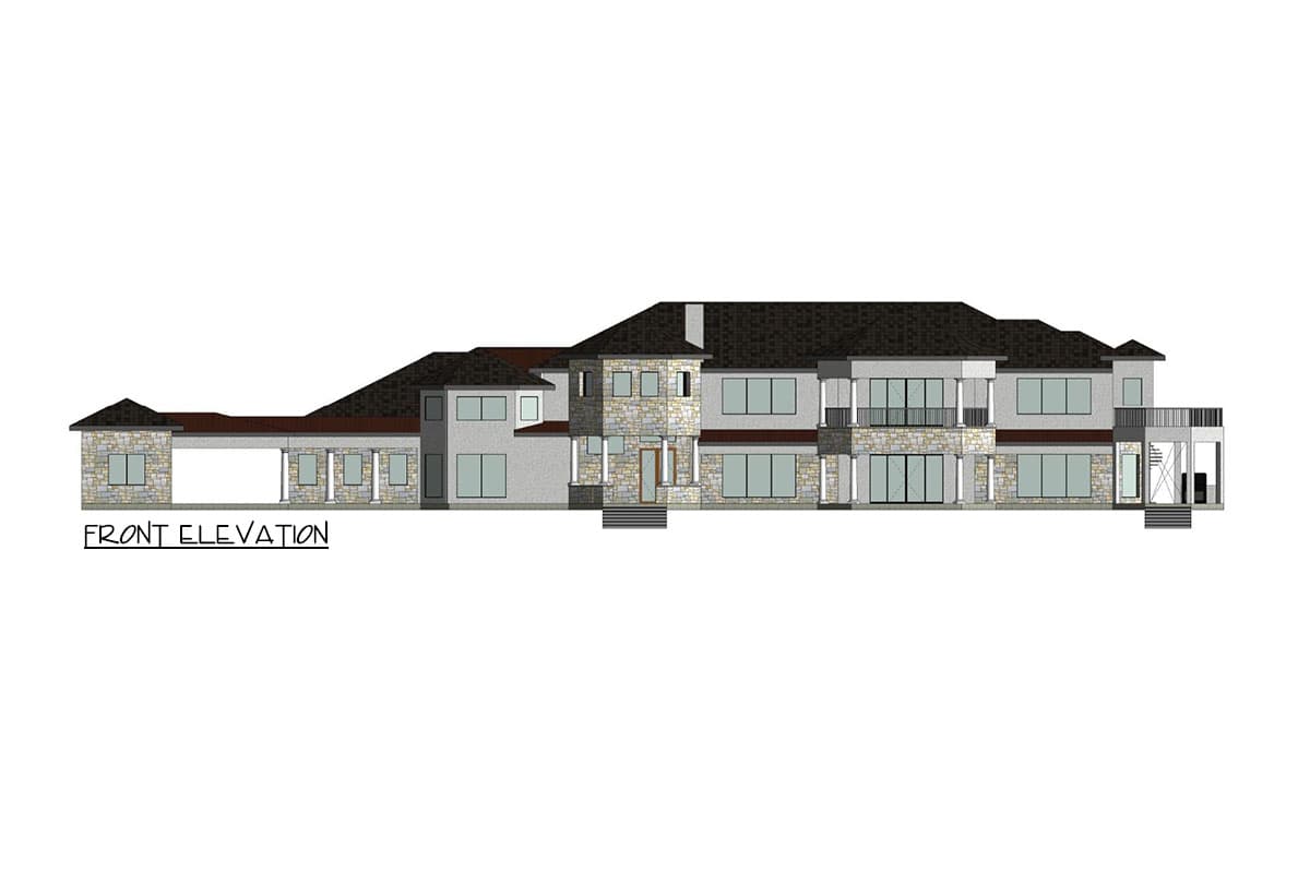 Front elevation drawing of a modern house with stone accents, multiple gables, a covered carport, and large windows.