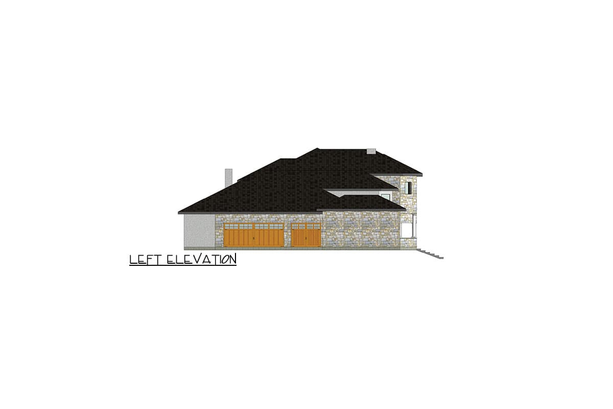 Left elevation drawing of a multi-story house with stone exterior, dark shingled roof, and three-car garage.