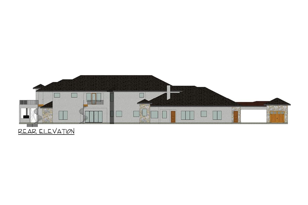 Rear elevation drawing of a two-story house with a garage, featuring a covered patio, stone accents, and varied rooflines.
