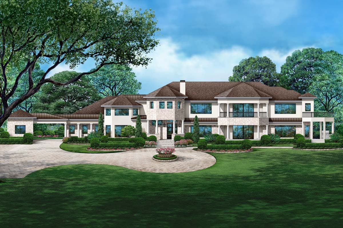 House plan exterior. Two-story, with a portico entry, multiple balconies, and a detached garage with porte-cochere.