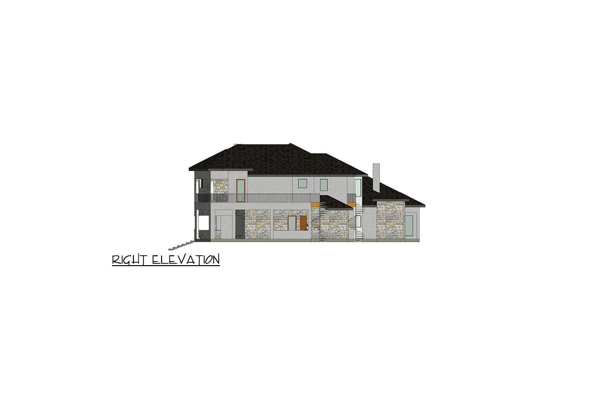 Right elevation drawing of a two-story house with a dark shingle roof, stone accents, and multiple windows.