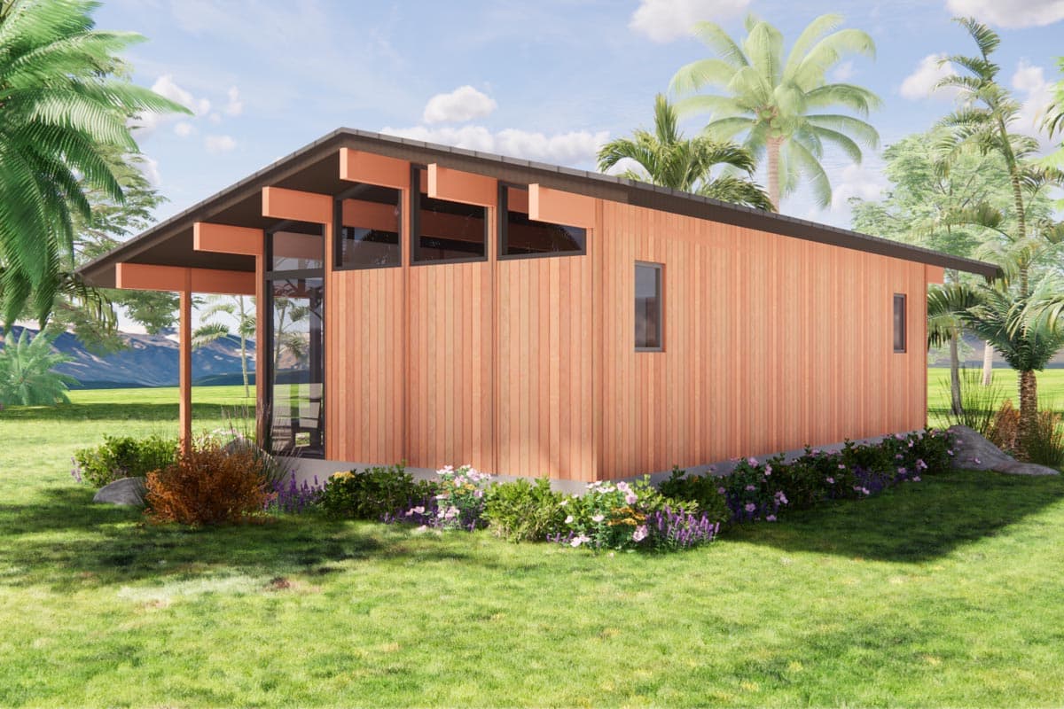 Modern house plan exterior with wood siding, butterfly roofline, clerestory windows, and covered porch.