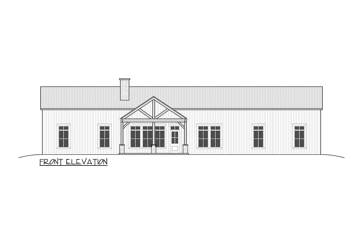 Architectural front elevation of a long, one-story house with a porch. The roof has a central chimney and gabled porch entrance.