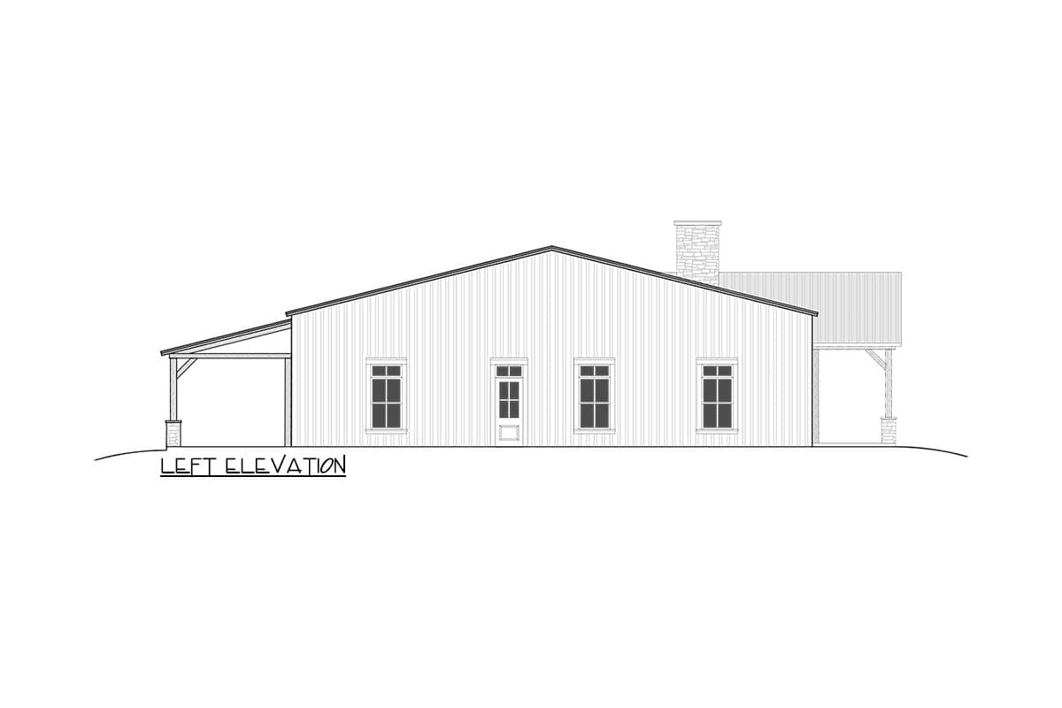 Line drawing of a house elevation. The design includes a gabled roof, a porch, four windows, and a chimney made of stone.
