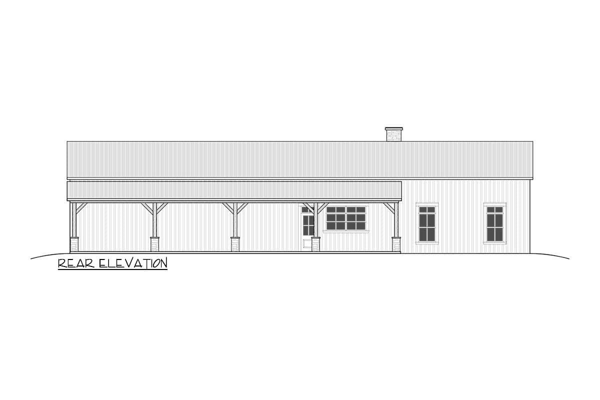 Architectural rear elevation rendering of a house, showcasing a covered porch with pillars, multiple windows, and a chimney.