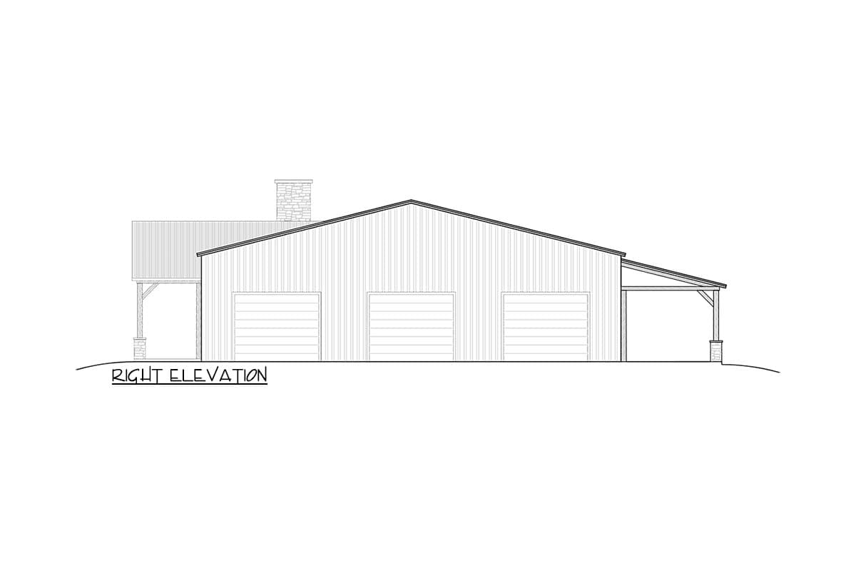 Line drawing of a right elevation of a building. The structure has a garage, a small porch, and a side overhang with a chimney.