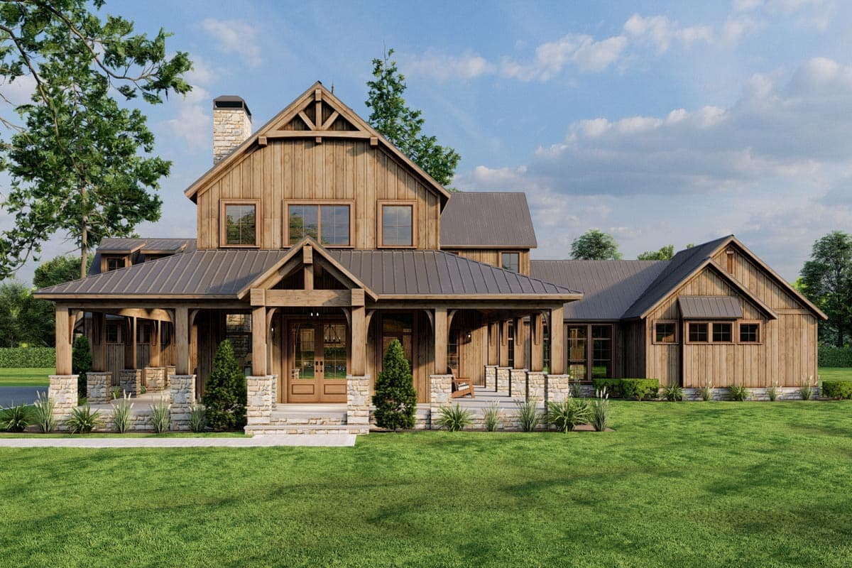 Modern Farmhouse style house plan exterior with wrap-around porch, stone accents, and gabled rooflines.
