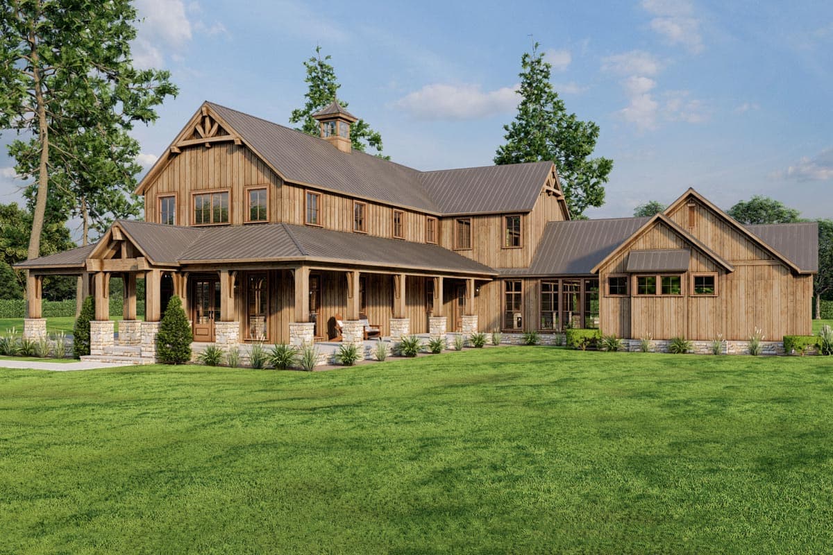House plan exterior. Two-story Modern Farmhouse with a gabled roof, stone-clad porch columns, and a covered porch. Siding is vertical wood planks.