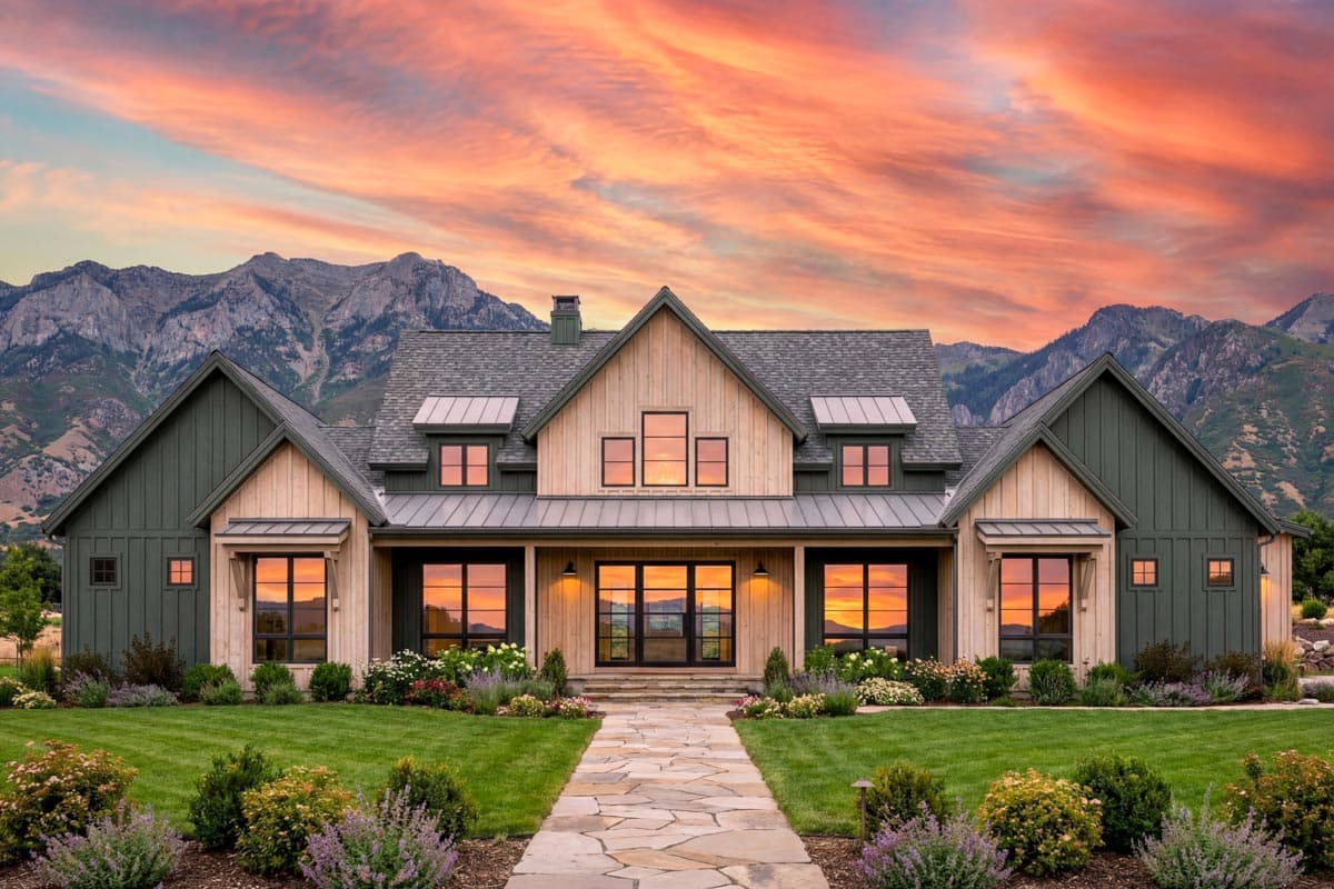 Modern Farmhouse house plan exterior with multiple gables, dormers, board and batten siding, and a covered porch.